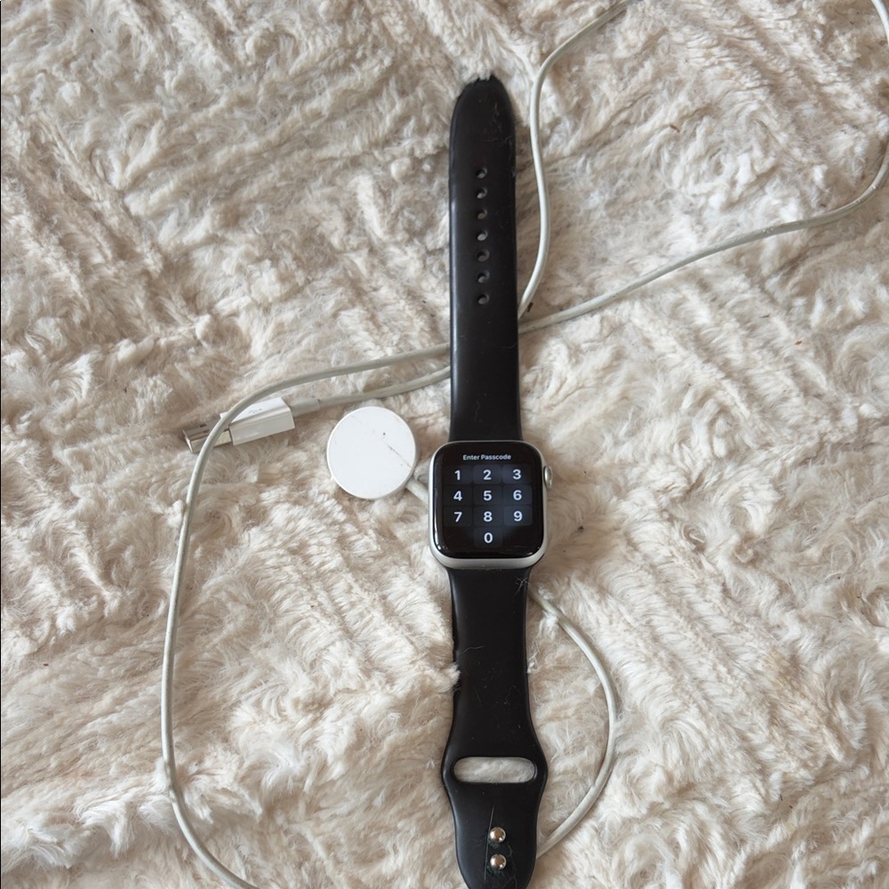 Apple Smartwatch with Black Band and Silver Case series 6
